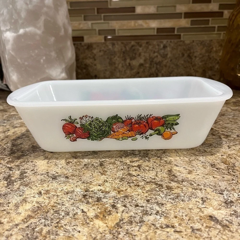 Vintage Glasbake Vegetable Pattern Baking Dish 1 1/2 Qt. J522 USA Loaf Pan